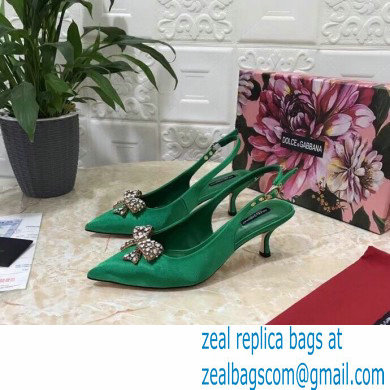 Dolce  &  Gabbana Heel 6.5cm Satin Slingbacks Green with Crystal Bow 2021